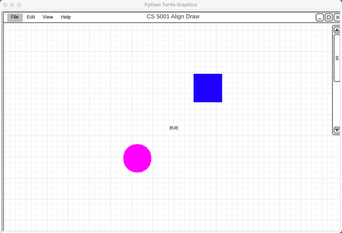 Python Turtle Graphics
File
Edit
View
Help
CS 5001 Align Draw
(0,0)
II
