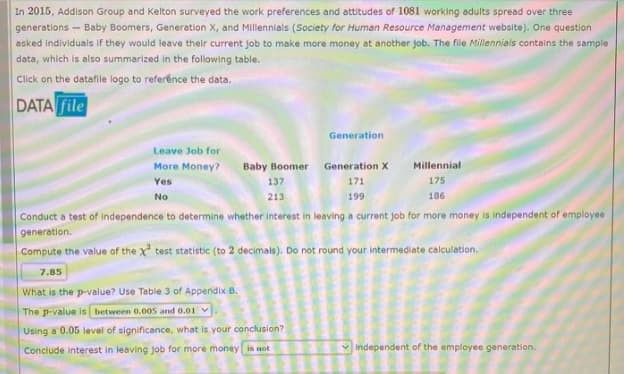 In 2015, Addison Group and Kelton surveyed the work preferences and attitudes of 1081 working adults spread over three
generations-Baby Boomers, Generation X, and Millennials (Society for Human Resource Management website). One question
asked individuals if they would leave their current job to make more money at another job. The file Millennials contains the sample
data, which is also summarized in the following table.
Click on the datafile logo to reference the data.
DATA file
Leave Job for
More Money?
Yes
No
Baby Boomer
137
213
Generation
7.85
What is the p-value? Use Table 3 of Appendix B.
The p-value is between 0.005 and 0.01
Using a 0.05 level of significance, what is your conclusion?
Conclude interest in leaving job for more money is not
Generation X
171
199
Millennial
175
186
Conduct a test of independence to determine whether interest in leaving a current job for more money is independent of employee
generation.
Compute the value of the X² test statistic (to 2 decimals). Do not round your intermediate calculation.
independent of the employee generation.