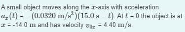 A small object moves along the x-axis with acceleration
a(t) = -(0.0320 m/s³)(15.0 st). At t = 0 the object is at
x = -14.0 m and has velocity voz = 4.40 m/s.