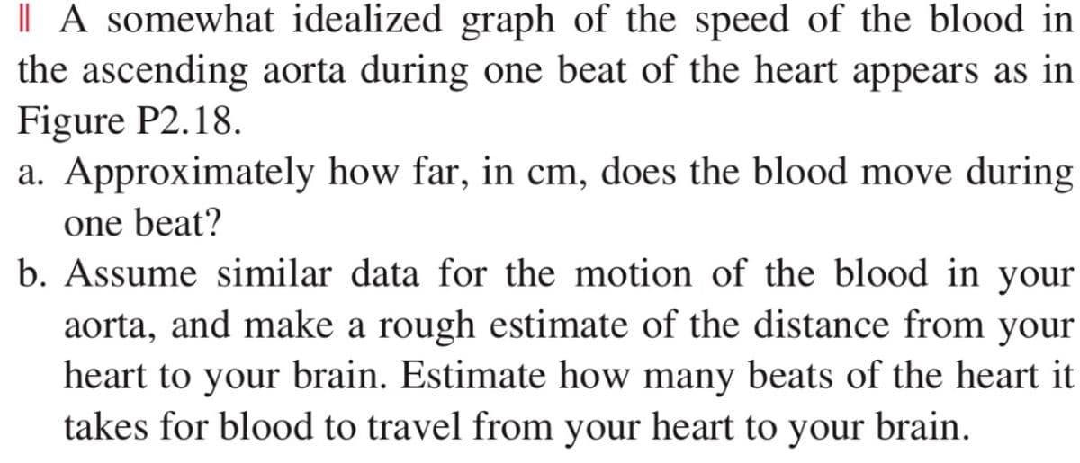 || A somewhat idealized graph of the speed of the blood in
the ascending aorta during one beat of the heart appears as in
Figure P2.18.
a. Approximately how far, in cm, does the blood move during
one beat?
b. Assume similar data for the motion of the blood in your
aorta, and make a rough estimate of the distance from your
heart to your brain. Estimate how many beats of the heart it
takes for blood to travel from your heart to your brain.
