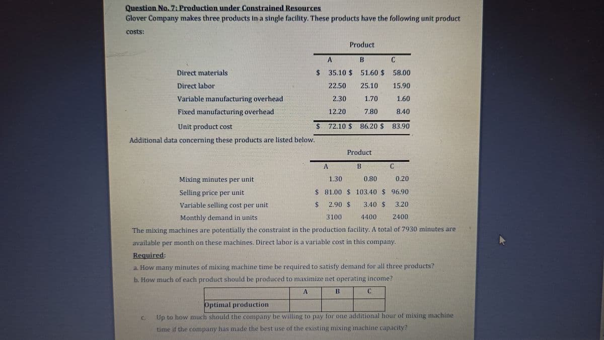 Question No. 7: Production under Constrained Resources
Glover Company makes three products in a single facility. These products have the following unit product
Direct materials
Direct labor
Variable manufacturing overhead
Fixed manufacturing overhead
Unit product cost
Additional data concerning these products are listed below.
Mixing minutes per unit
Selling price per unit
Variable selling cost per unit
Monthly demand in units
A
Product
$
$
B
$ 35.10 $ 51.60 $ 58.00
25.10
15.90
22.50
2.30
1.70
1.60
7.80
8.40
$ 72.10 $ 86.20 $
A
Product
B
C
81.00 $
2.90 $
3100
0.30 0.20
103.40 $ 96.90
3.40 S
3.20
4400
2400
The mixing machines are potentially the constraint in the production facility. A total of 7930 minutes ar
available per month on these machines. Direct labor is a variable cost in this company.
Required:
83.90
C
C
a. How many minutes of mixing machine time be required to satisfy demand for all three products?
b. How much of each product should be produced to maximize net operating income?
A
B
Optimal production
Up to how much should the company be willing to pay for one additional hour of mixing machine
time if the company has made the best use of the existing mixing machine capacity?