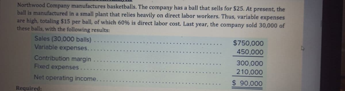 Northwood Company manufactures basketballs. The company has a ball that sells for $25. At present, the
ball is manufactured in a small plant that relies heavily on direct labor workers. Thus, variable expenses
are high, totaling $15 per ball, of which 60% is direct labor cost. Last year, the company sold 30,000 of
these balls, with the following results:
Sales (30,000 balls) .....
Variable expenses...
Contribution margin.
Fixed expenses...
Net operating income..
Required:
$750,000
450,000
300,000
210,000
$ 90,000