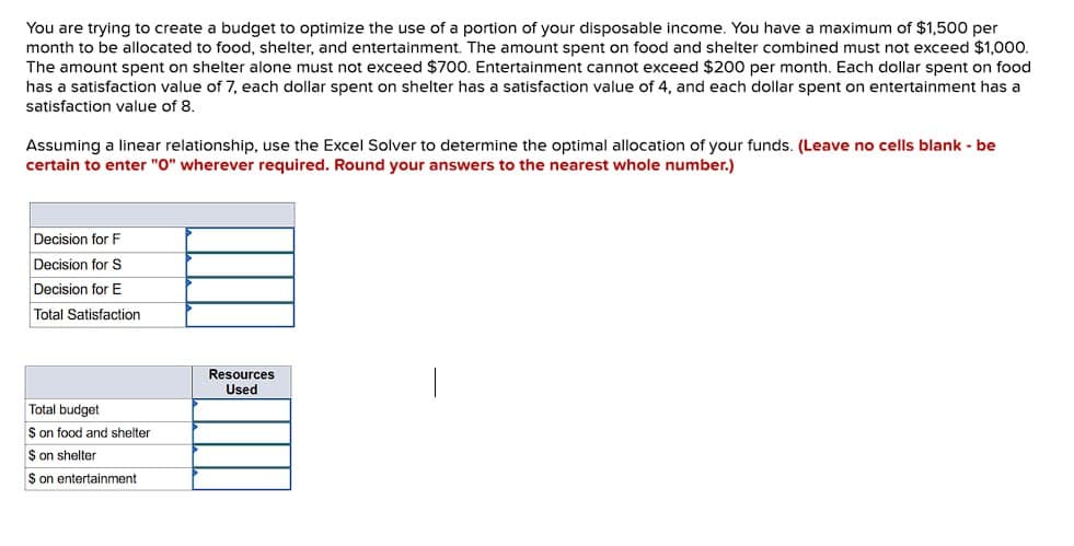 You are trying to create a budget to optimize the use of a portion of your disposable income. You have a maximum of $1,500 per
month to be allocated to food, shelter, and entertainment. The amount spent on food and shelter combined must not exceed $1,000.
The amount spent on shelter alone must not exceed $700. Entertainment cannot exceed $200 per month. Each dollar spent on food
has a satisfaction value of 7, each dollar spent on shelter has a satisfaction value of 4, and each dollar spent on entertainment has a
satisfaction value of 8.
Assuming a linear relationship, use the Excel Solver to determine the optimal allocation of your funds. (Leave no cells blank - be
certain to enter "O" wherever required. Round your answers to the nearest whole number.)
Decision for F
Decision for S
Decision for E
Total Satisfaction
Total budget
$ on food and shelter
$ on shelter
$ on entertainment
Resources
Used