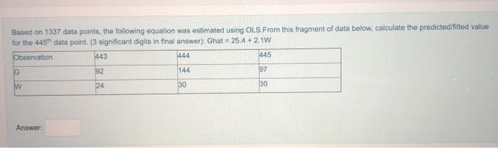 Based on 1337 data points, the following equation was estimated using OLS.From this fragment of data below, calculate the predicted/fitted value
for the 445" data point. (3 significant digits in final answer): Ghat = 25.4 + 2.1W
Observation
443
444
445
92
144
97
24
30
30
Answer:
