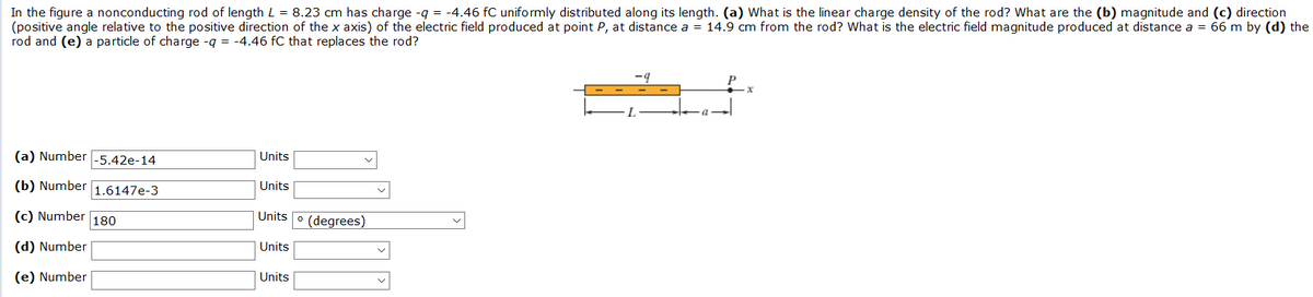 In the figure a nonconducting rod of length L = 8.23 cm has charge -q = -4.46 fC uniformly distributed along its length. (a) What is the linear charge density of the rod? What are the (b) magnitude and (c) direction
(positive angle relative to the positive direction of the x axis) of the electric field produced at point P, at distance a = 14.9 cm from the rod? What is the electric field magnitude produced at distance a = 66 m by (d) the
rod and (e) a particle of charge -q = -4.46 fC that replaces the rod?
-4
(a) Number -5.42e-14
Units
(b) Number 1.6147e-3
Units
(c) Number
Units
° (degrees)
180
(d) Number
Units
(e) Number
Units
