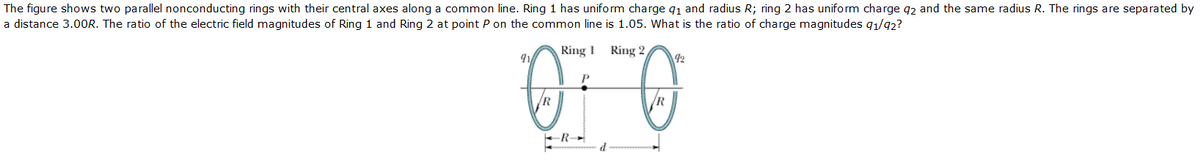 The figure shows two parallel nonconducting rings with their central axes along a common line. Ring 1 has uniform charge q1 and radius R; ring 2 has uniform charge q2 and the same radius R. The rings are separated by
a distance 3.0OR. The ratio of the electric field magnitudes of Ring 1 and Ring 2 at point P on the common line is 1.05. What is the ratio of charge magnitudes q1/92?
Ring 1
Ring 2
92
P
-R-
