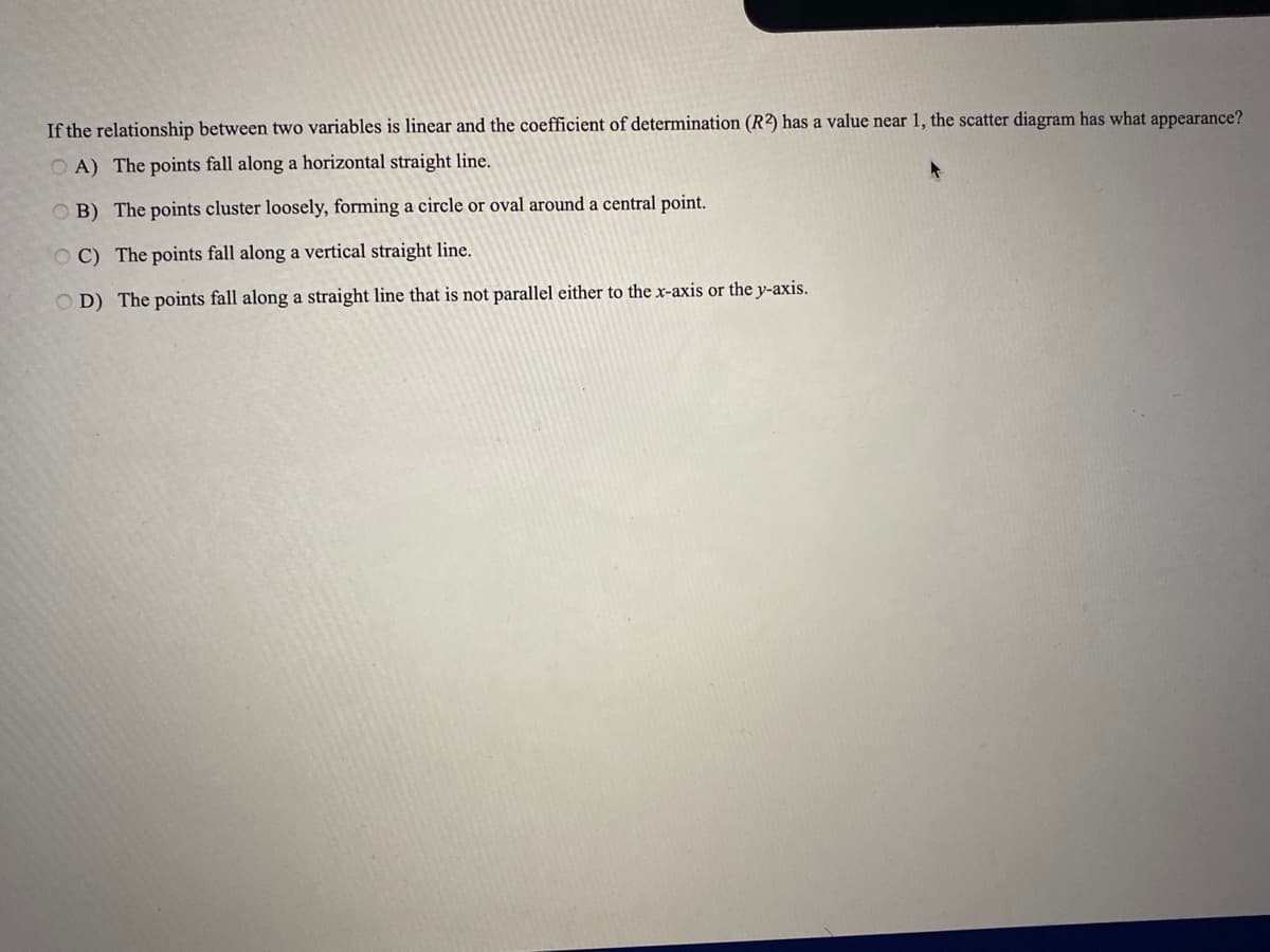 If the relationship between two variables is linear and the coefficient of determination (R?) has a value near 1, the scatter diagram has what appearance?
O A) The points fall along a horizontal straight line.
B) The points cluster loosely, forming a circle or oval around a central point.
O C) The points fall along a vertical straight line.
O D) The points fall along a straight line that is not parallel either to the x-axis or the y-axis.

