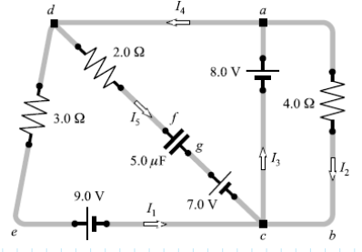 d
2.0 Ω
8.0 V
4.0 Ω.
3.0 Ω
15
5.0μ
9.0 V
7.0 ν
e
