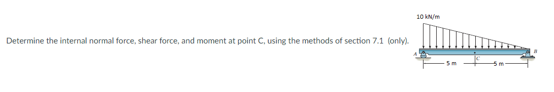 10 kN/m
Determine the internal normal force, shear force, and moment at point C, using the methods of section 7.1 (only).
B
5m
