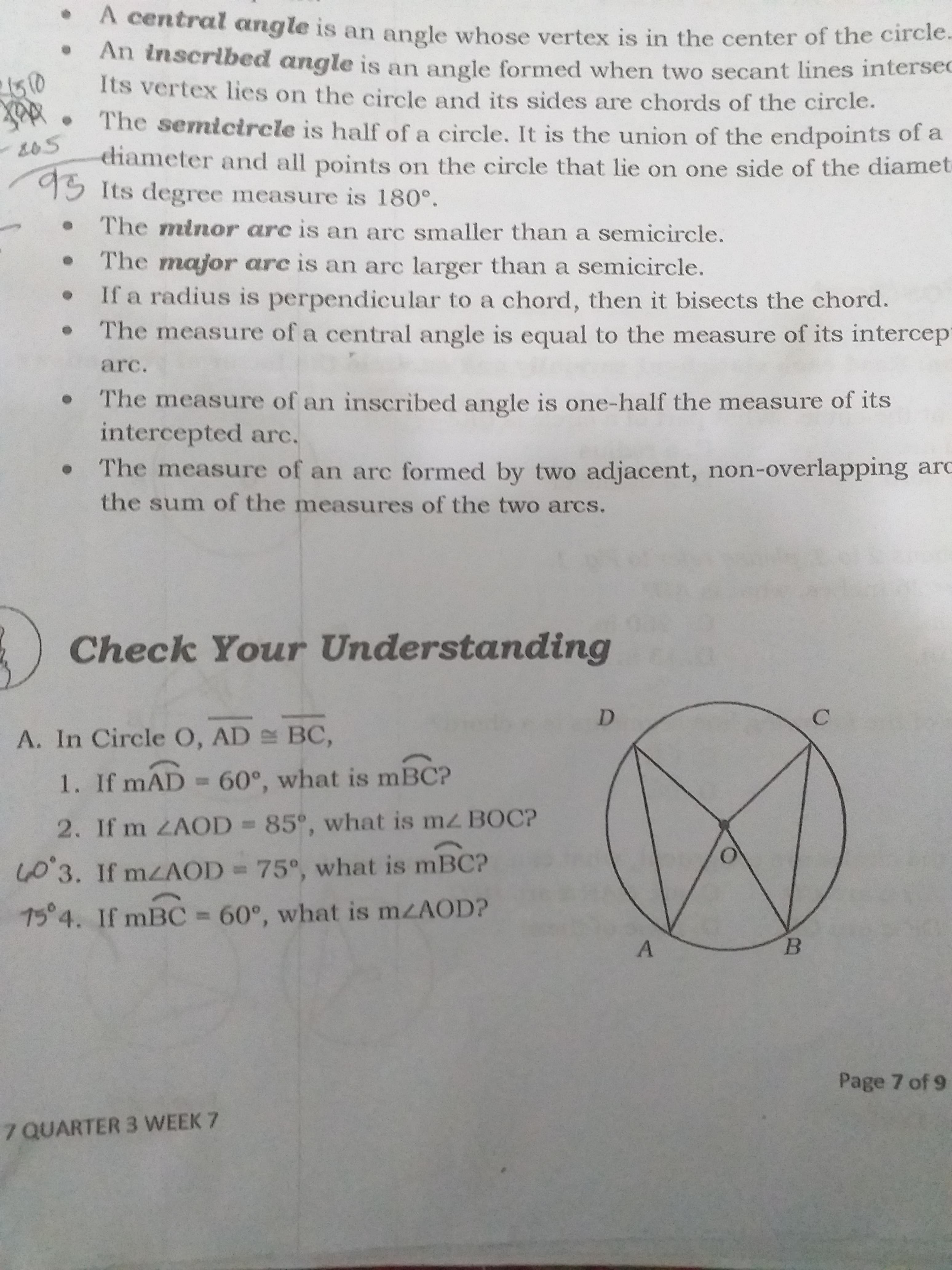 A. In Circle O, AD BC,
1. If mAD = 60°, what is mBC?
2. If m ZAOD = 85°, what is mz BOC?
%3D
403. If mzAOD = 75°, what is mBC?
%3D
75°4. If mBC = 60°, what is mzAOD?
%3D
B.
