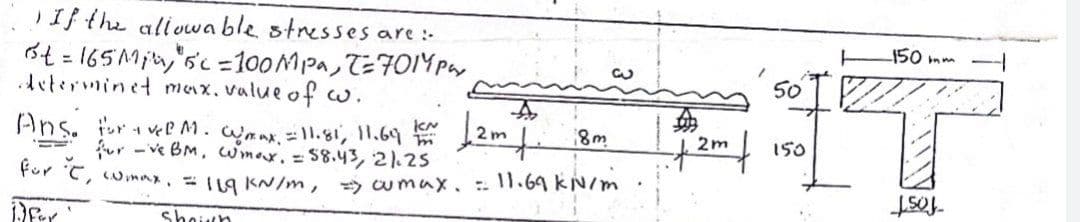 If the allowa ble stresses are :-
3t = 165Miu,'sc =100MPA, T=7014 Par
determinet mux. value of w.
50
Ans. fur a vel M. mnx =11.81, 11.69
fur -ve BM, wmor.=58.43, 21.25
For C, wimax. 1g kN/m, wmux. 11.69 KN/m
2 m
2m
150
iPer
Shoith
Tost
