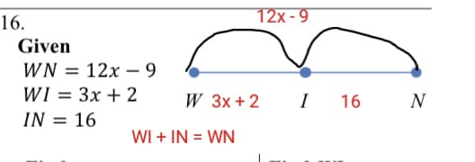 16.
12x - 9
Given
WN = 12x – 9
WI = 3x + 2
IN = 16
W 3x+2
I
16
N
%3D
WI + IN = WN
