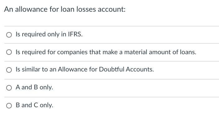 An allowance for loan losses account:
O Is required only in IFRS.
O Is required for companies that make a material amount of loans.
O Is similar to an Allowance for Doubtful Accounts.
O A and B only.
O B and C only.
