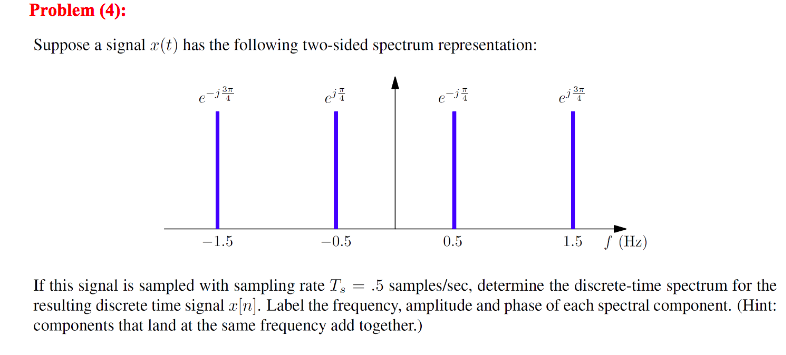 Problem (4):
Suppose a signal r(t) has the following two-sided spectrum representation:
e-1³7
-1.5
e²
-0.5
e-¹
0.5
ej ³7
1.5 / (Hz)
If this signal is sampled with sampling rate T = .5 samples/sec, determine the discrete-time spectrum for the
resulting discrete time signal a[n]. Label the frequency, amplitude and phase of each spectral component. (Hint:
components that land at the same frequency add together.)