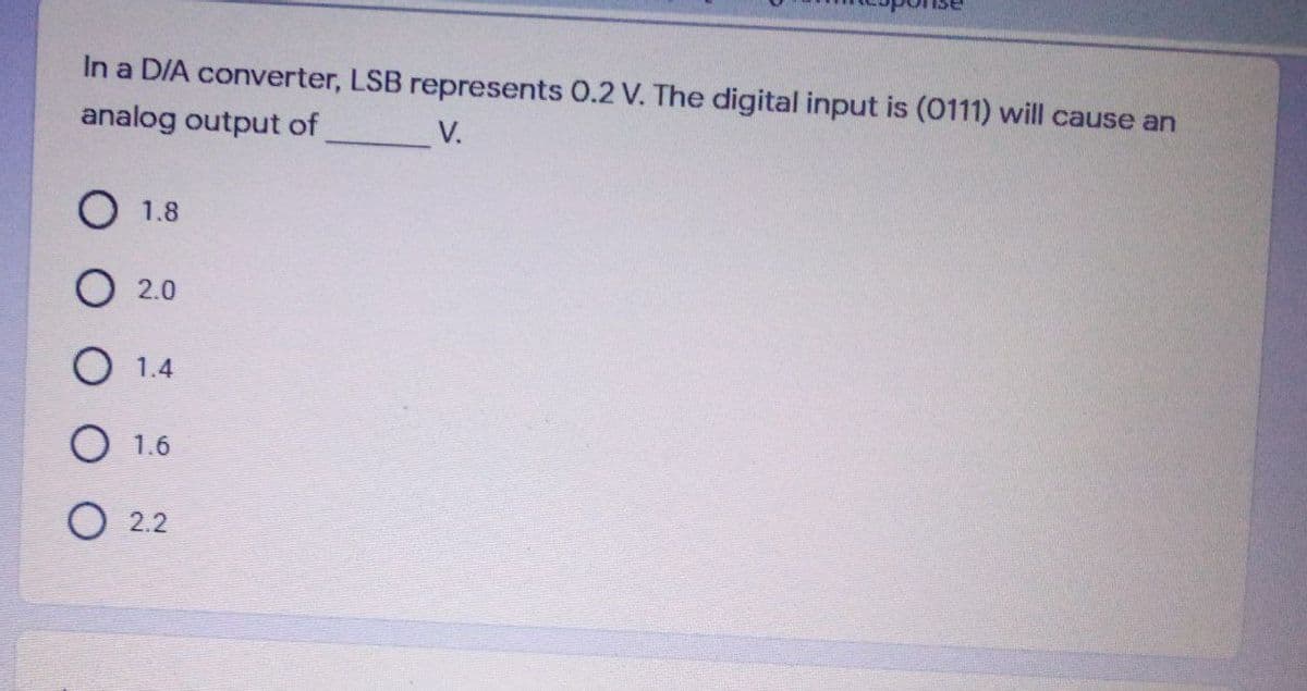 In a D/A converter, LSB represents 0.2 V. The digital input is (0111) will cause an
analog output of
V.
О 18
О 2.0
O 1.4
О 16
O 2.2
