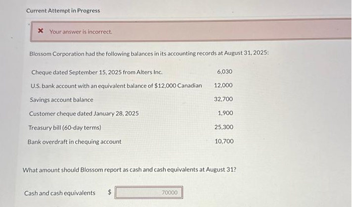 Current Attempt in Progress
Your answer is incorrect.
Blossom Corporation had the following balances in its accounting records at August 31, 2025:
Cheque dated September 15, 2025 from Alters Inc.
U.S. bank account with an equivalent balance of $12,000 Canadian
Savings account balance
Customer cheque dated January 28, 2025
Treasury bill (60-day terms)
Bank overdraft in chequing account
Cash and cash equivalents $
6,030
What amount should Blossom report as cash and cash equivalents at August 31?
70000
12,000
32,700
1,900
25,300
10,700