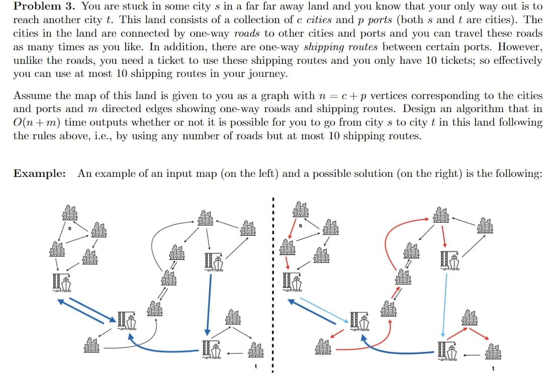 Problem 3. You are stuck in some city s in a far far away land and you know that your only way out is to
reach another city t. This land consists of a collection of c cities and p ports (both s andt are cities). The
cities in the land are connected by one-way roads to other cities and ports and you can travel these roads
as many times as you like. In addition, there are one-way shipping routes between certain ports. However,
unlike the roads, you need a ticket to use these shipping routes and you only have 10 tickets; so effectively
you can use at most 10 shipping routes in your journey.
Assume the map of this land is given to you as a graph with n = c+p vertices corresponding to the cities
and ports and m directed edges showing one-way roads and shipping routes. Design an algorithm that in
O(n + m) time outputs whether or not it is possible for you to go from city s to city t in this land following
the rules above, i.e., by using any number of roads but at most 10 shipping routes.
Example: An example of an input map (on the left) and a possible solution (on the right) is the following:
