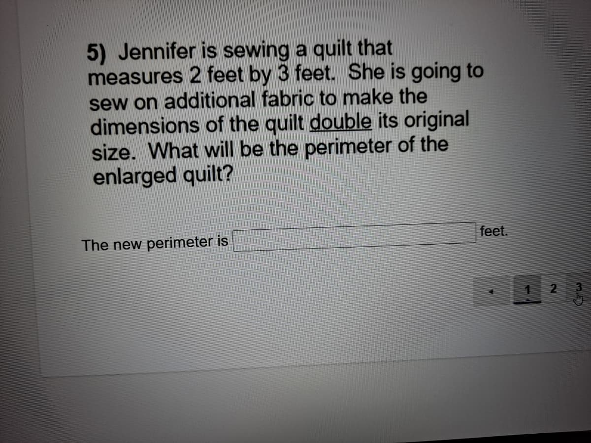 5) Jennifer is sewing a quilt that
measures 2 feet by 3 feet. She is going to
sew on additional fabric to make the
dimensions of the quilt double its original
size. What will be the perimeter of the
enlarged quilt?
feet.
The new perimeter is
2
