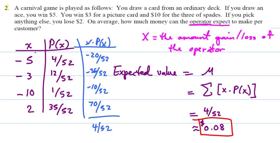 2. A carnival game is played as follows: You draw a card from an ordinary deck. If you draw an
ace, you win $5. You win $3 for a picture card and $10 for the three of spades. If you pick
anything else, you lose $2. On average, how much money can the operator expect to make per
customer?
x | P(x) = x· P(x)
4/52-20/52
-S
- 3
-10
2
X = the amount gain / loss of
the operator
12/52 -36/52 Expected value = M
1/52-10/52
35/52 70/52
4/52
=
Σ [x. P(x)]
4/52
0.08