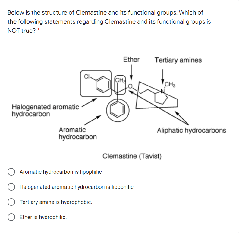 Below is the structure of Clemastine and its functional groups. Which of
the following statements regarding Clemastine and its functional groups is
NOT true? *
Ether
Tertiary amines
CH
CH3
Halogenated aromatic
hydrocarbon
Aromatic
hydrocarbon
Aliphatic hydrocarbons
Clemastine (Tavist)
Aromatic hydrocarbon is lipophilic
Halogenated aromatic hydrocarbon is lipophilic.
Tertiary amine is hydrophobic.
Ether is hydrophilic.
