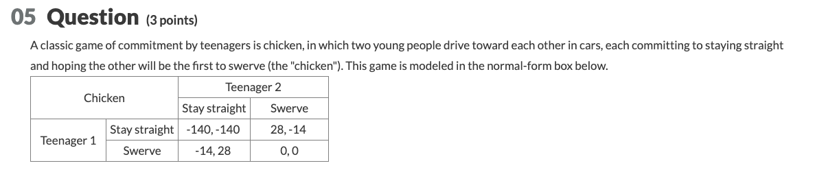 05 Question (3 points)
A classic game of commitment by teenagers is chicken, in which two young people drive toward each other in cars, each committing to staying straight
and hoping the other will be the first to swerve (the "chicken"). This game is modeled in the normal-form box below.
Teenager 2
Chicken
Stay straight
Swerve
Stay straight -140, -140
28, -14
Teenager 1
Swerve
-14, 28
0,0
