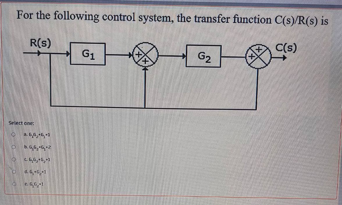 For the following control system, the transfer function C(s)/R(s) is
R(s)
C(s)
G1
G2
Select one:
a. G,6, 6,1
O b.G,G, G,+2
c. G,G, G,+1
d. 6, 6-1
e. G,G.1
