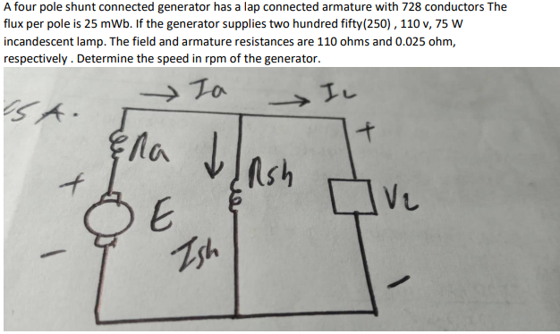 A four pole shunt connected generator has a lap connected armature with 728 conductors The
flux per pole is 25 mWb. If the generator supplies two hundred fifty(250), 110 v, 75 W
incandescent lamp. The field and armature resistances are 110 ohms and 0.025 ohm,
respectively . Determine the speed in rpm of the generator.
Ta
Iレ
SA.
la e
イ
Insh
Ve
Ish
