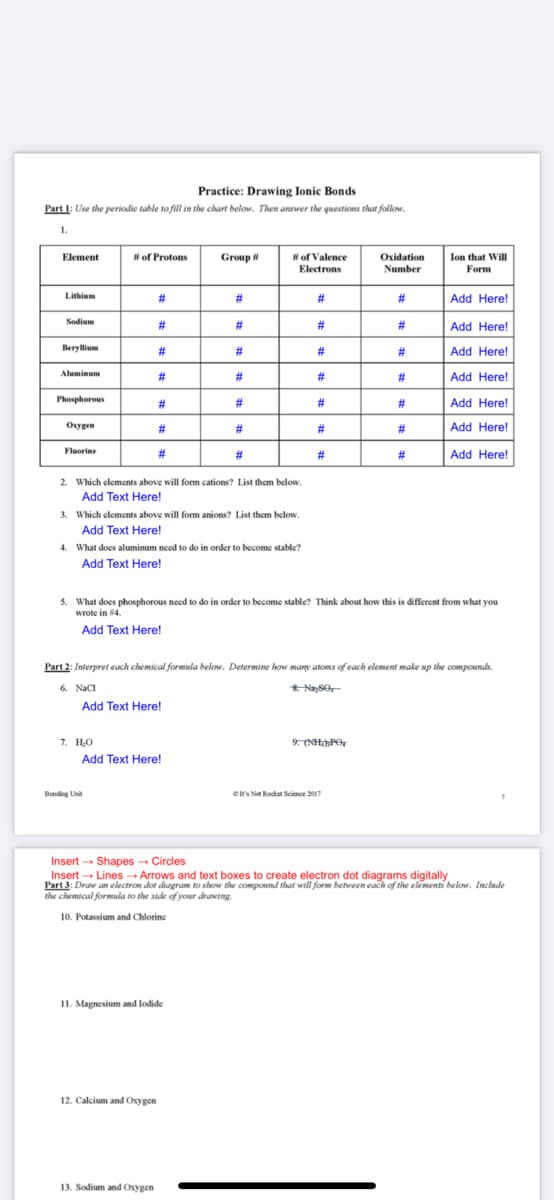 Practice: Drawing Ionic Bonds
Part 1: Use the periodic table to fill in the chart below. Then answer the questions that follow.
1.
Ion that Wil
Form
Element
# of Protons
Group #
# of Valence
Electrons
Oxidation
Number
Lithium
#3
%23
#3
#3
Add Here!
Sodium
#3
23
#3
#3
Add Here!
Beryllium
#3
#3
%23
#3
#3
Add Here!
Aluminum
#3
23
#3
#3
Add Here!
Phosphorous
#3
#3
#3
#3
Add Here!
Oxygen
#3
#
#3
#3
Add Here!
Fluorine
2#
%23
#3
#3
Add Here!
2. Which elements above will form cations? List them below.
Add Text Here!
3. Which elements above will form anions? List them below.
Add Text Here!
4. What does aluminum need to do in order to become stable?
Add Text Here!
5. What does phosphorous need to do in order to become stable? Think about how this is different from what you
wrote in #4.
Add Text Here!
Part 2: Interpret each chemical formela below. Determine how many atoms of each element make up the compounds.
6. NacI
8 NaSO
Add Text Here!
7. H,O
9. (NH»PO,
Add Text Here!
Bonding Unit
Os Not Rocket Science 2017
Insert - Shapes - Circles
Insert - Lines→ Arrows and text boxes to create electron dot diagrams digitally
Part 3: Draw an electron dot diagram to show the compound that will form between each of the elements below. Inchude
the chemical formsela to the side of your drawing.
10. Potassium and Chlorine
11. Magnesium and lodide
12. Calcium and Oxygen
13. Sodium and Oxygen
