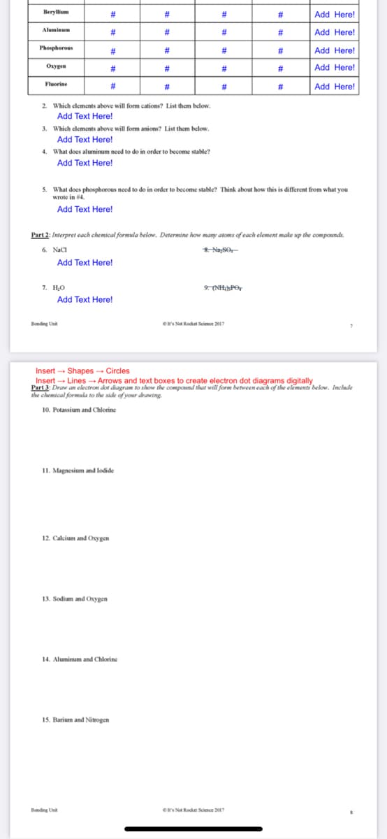 Berylium
#3
#3
#3
23
Add Here!
Add Here!
Aluminum
#3
#3
#
#3
Phosphorous
#3
#3
#3
Add Here!
Oxygen
#
2#
#3
#3
Add Here!
Add Here!
Fluorine
#3
#
#3
#3
2. Which elements above will form cations? List them below.
Add Text Here!
3. Which clements above will form anions? List them below.
Add Text Here!
4. What does aluminum need to do in order to become stable?
Add Text Here!
5. What does phosphorous need to do in order to become stable? Think about how this is different from what you
wrote in 4.
Add Text Here!
Part 2: Interpret each chemical formula below. Determine how many atoms of each element make up the compounds.
6. NaCI
* NaSo-
Add Text Here!
7. Н.О
9. (NHPer
Add Text Here!
Bonding Unit
es Not Rocket Science 2017
Insert - Shapes - Circles
Insert - Lines→ Arrows and text boxes to create electron dot diagrams digitally
Part 3: Draw an electron dot diagram to show the compound that will form between each of the elements below. Inchude
he chemical formuka to the side of your drawing.
10. Potassium and Chlorine
11. Magnesium and lodide
12. Calcium and Oxygen
13. Sodium and Oxygen
14. Aluminum and Chlorine
15. Barium and Nitrogen
Banding Un
e Not Rodket Science 2017
