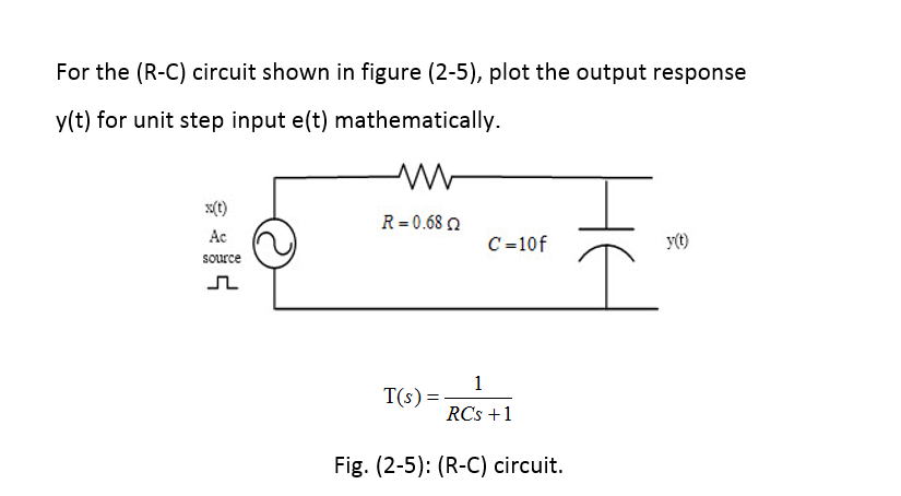 For the (R-C) circuit shown in figure (2-5), plot the output response
y(t) for unit step input e(t) mathematically.
x(t)
R = 0.68 n
Ac
C =10f
source
1
T(s) =
RCs +1
Fig. (2-5): (R-C) circuit.
