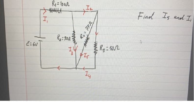 R = foor
Find Is and I,
I,
R:50A
E: 6V
R3 502
