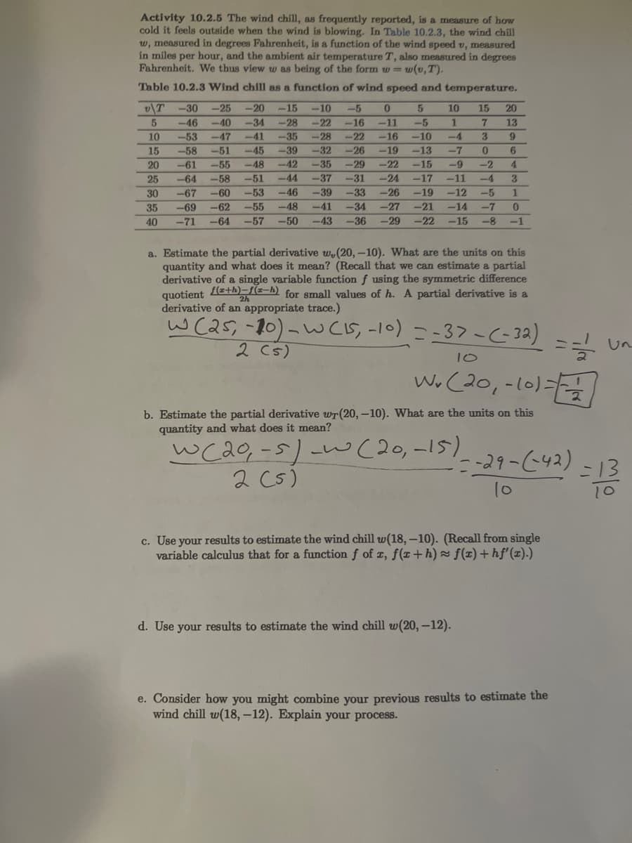 Activity 10.2.5 The wind chill, as frequently reported, is a measure of how
cold it feels outside when the wind is blowing. In Table 10.2.3, the wind chill
w, measured in degrees Fahrenheit, is a function of the wind speed v, measured
in miles per hour, and the ambient air temperature T, also measured in degrees
Fahrenheit. We thus view w as being of the form w=w(v,T).
Table 10.2.3 Wind chill as a function of wind speed and temperature.
10 15 20
5
1 7 13
10
3
9
15
0
6
v\T -30 -25 -20 -15 <-10 -5 0 5
-46 -40 -34 -28 -22 -16 -11 -5
-53 -47 -41 -35 -28 -22 -16 -10 -4
-58 -51 -45 -39 -32 -26 -19 -13 -7
-61 -55 -48 -42 -35 -29 -22 -15
-64 -58 -51 -44 -37 -31 -24 -17 -11 -4 3
-67 -60 -53 -46 -39 -33 -26 -19 -12 -5 1
-69 -62 -55 -48 -41 -34 -27 -21 -14 -7 0
-71
-57 -50 -43 -36 -29 -22 -15 -8 -1
20
-9
-2
4
25
-64
30
35
40
a. Estimate the partial derivative w, (20,-10). What are the units on this
quantity and what does it mean? (Recall that we can estimate a partial
derivative of a single variable function f using the symmetric difference
quotient f(a+h)-f(-h) for small values of h. A partial derivative is a
derivative of an appropriate trace.)
W (25, -10) - W (15,-10) = -37-(-32) == un
2 (5)
10
W₂ (20₁-10)==-1221
b. Estimate the partial derivative wr(20,-10). What are the units on this
quantity and what does it mean?
~(20₁-15)
w (20₁5).
2 (5)
ہا۔
·-29-(-42) = 13
=13
10
10
c. Use your results to estimate the wind chill w(18,-10). (Recall from single
variable calculus that for a function f of x, f(x+h) f(x) + hf'(x).)
d. Use your results to estimate the wind chill w(20, -12).
e. Consider how you might combine your previous results to estimate the
wind chill w(18, -12). Explain your process.