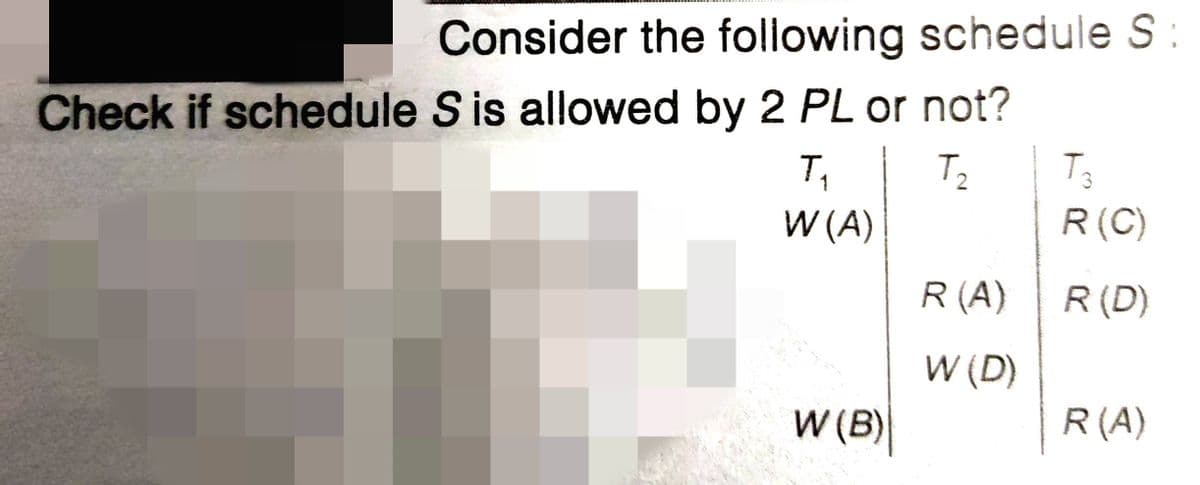 Consider the following schedule S:
Check if schedule S is allowed by 2 PL or not?
T,
T2
W (A)
R(C)
R (A)
R(D)
W (D)
W (B)
R(A)
