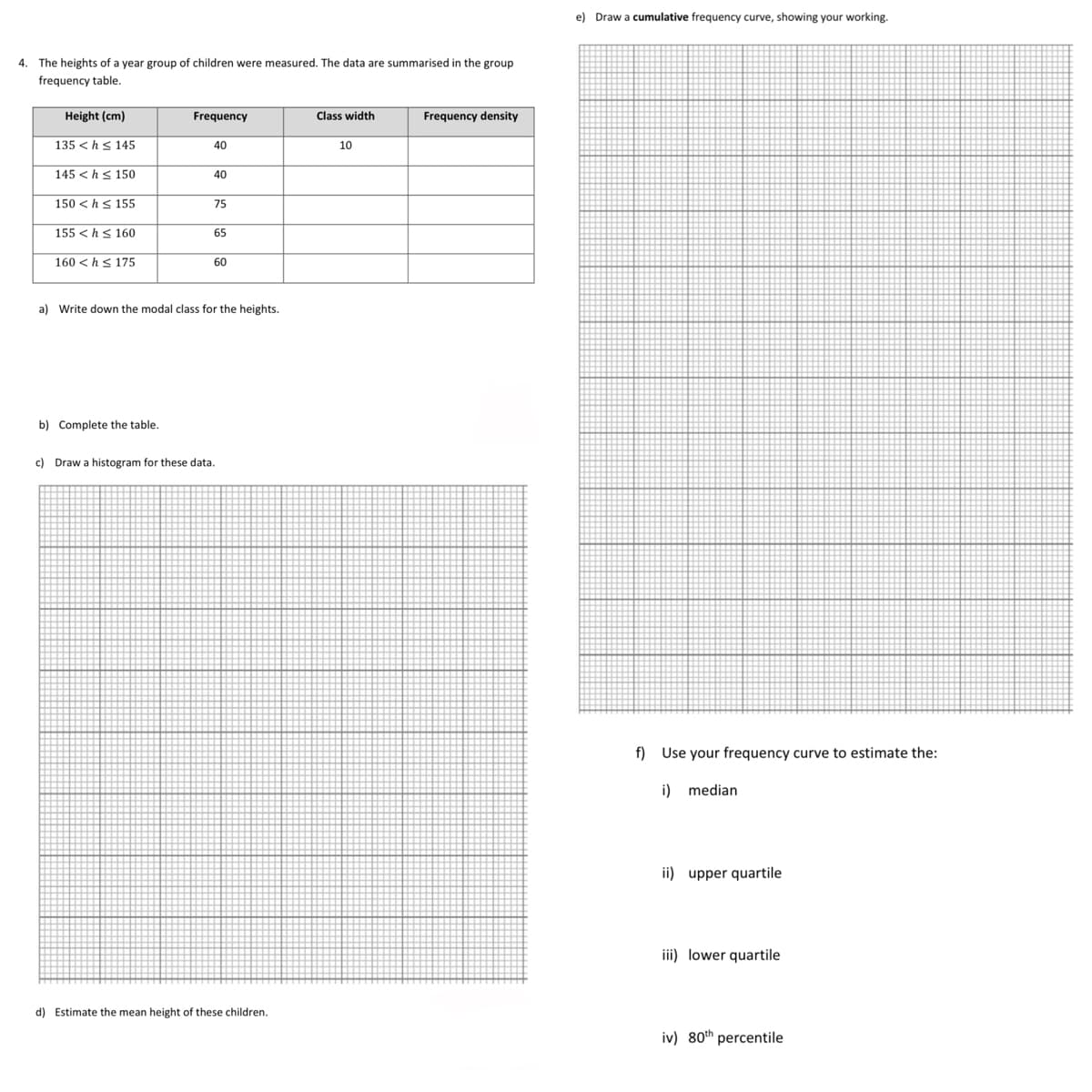 4. The heights of a year group of children were measured. The data are summarised in the group
frequency table.
Height (cm)
135 <h ≤ 145
145 <h ≤ 150
150 <h155
155 <h ≤ 160
160 <h 175
Frequency
b) Complete the table.
40
40
75
65
60
a) Write down the modal class for the heights.
c) Draw a histogram for these data.
d) Estimate the mean height of these children.
Class width
10
Frequency density
e) Draw a cumulative frequency curve, showing your working.
f) Use your frequency curve to estimate the:
i) median
ii) upper quartile
iii) lower quartile
iv) 80th percentile