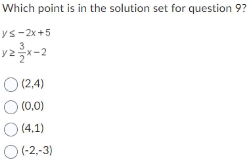 Which point is in the solution set for question 9?
ys-2x+5
3
yz³³x-2
0 (2,4)
O (0,0)
(4,1)
O (-2,-3)