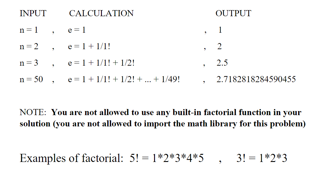 INPUT
CALCULATION
OUTPUT
n = 1
e = 1
1
n= 2
e = 1+ 1/1!
2
n = 3
e = 1+ 1/1! + 1/2!
2.5
n = 50
e = 1 + 1/1! + 1/2! + ... + 1/49!
2.7182818284590455
NOTE: You are not allowed to use any built-in factorial function in your
solution (you are not allowed to import the math library for this problem)
Examples of factorial: 5! = 1*2*3*4*5
3! = 1*2*3
