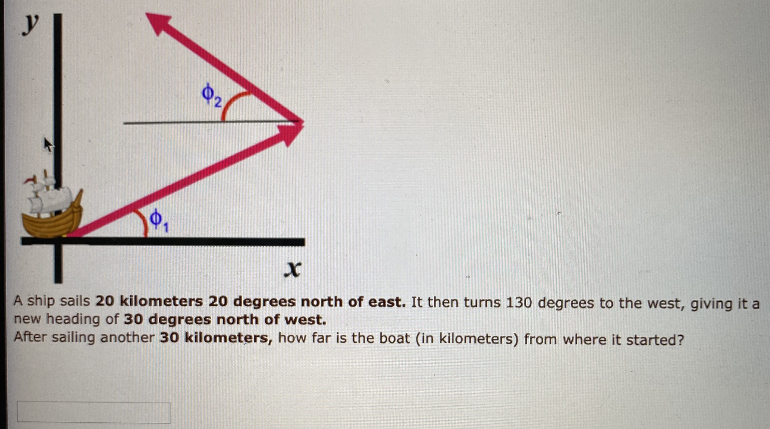 A ship sails 20 kilometers 20 degrees north of east. It then turns 130 degrees to the west, giving it a
new heading of 30 degrees north of west.
After sailing another 30 kilometers, how far is the boat (in kilometers) from where it started?
