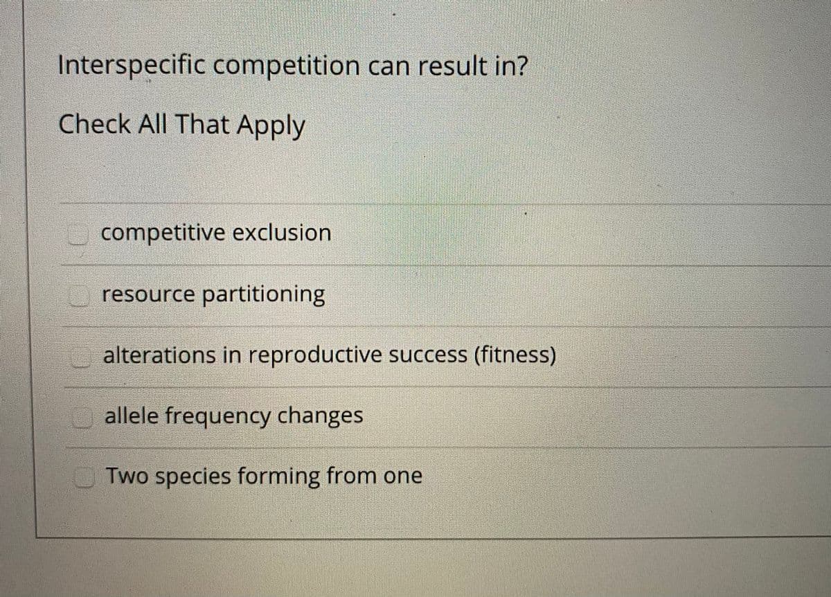 Interspecific competition can result in?
Check All That Apply
competitive exclusion
resource partitioning
alterations in reproductive success (fitness)
allele frequency changes
Two species forming from one
