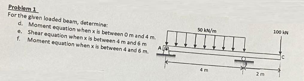 Problem 1
For the given loaded beam, determine:
d. Moment equation when x is between 0 m and 4 m.
e. Shear equation when x is between 4 m and 6 m
f. Moment equation when x is between 4 and 6 m.
A
50 kN/m
4 m
2 m
100 kN