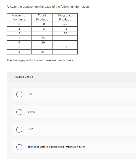 Answer the question on the basis of the following Information.
Number of
Total
Marginal
Workers
Product
Product
---
2
10
3
25
4
30
34
The average product when there are five workers
Multiple Cholce
Is 3.
Is 6.6.
Is 33.
cannot be determined from the Information glven.
