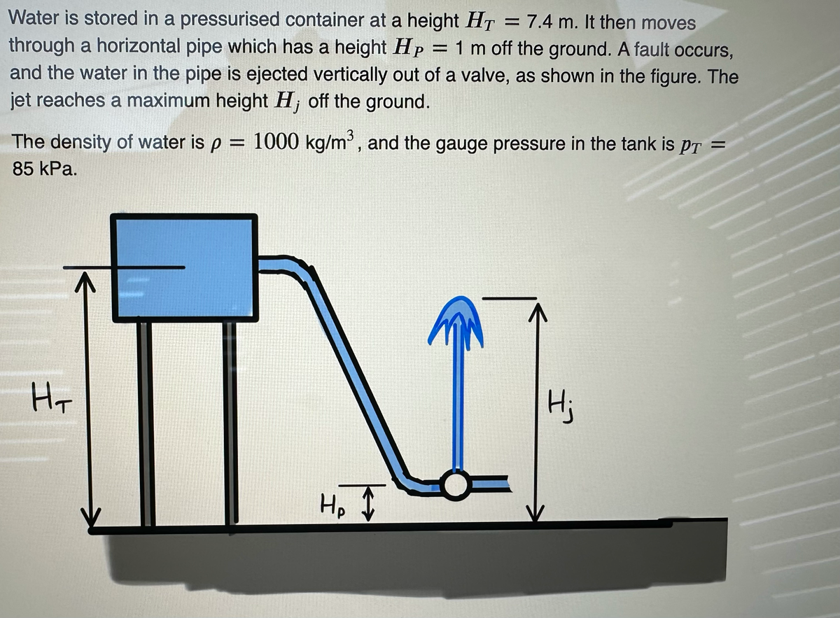 Water is stored in a pressurised container at a height HT = 7.4 m. It then moves
through a horizontal pipe which has a height Hp = 1 m off the ground. A fault occurs,
and the water in the pipe is ejected vertically out of a valve, as shown in the figure. The
jet reaches a maximum height H; off the ground.
The density of water is p = 1000 kg/m³, and the gauge pressure in the tank is pr
85 kPa.
Нт
H₂
Hj