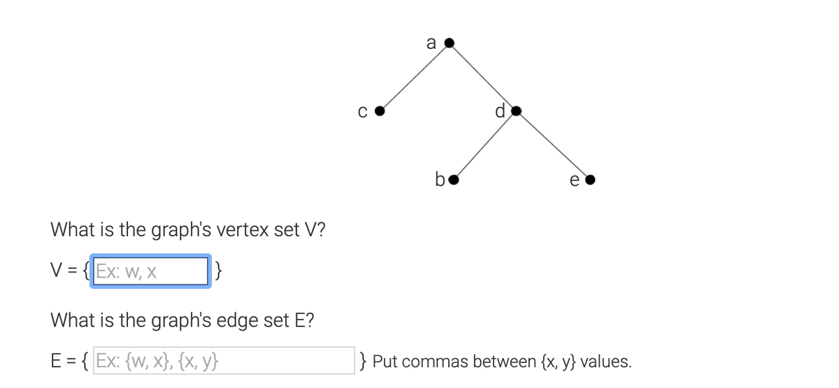 What is the graph's vertex set V?
V = {EX: W, X
|}
What is the graph's edge set E?
E = {Ex: {w, x}, {x,y}
a
b
(D
e
} Put commas between {x,y} values.