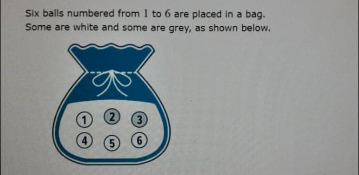 Six balls numbered from 1 to 6 are placed in a bag.
Some are white and some are grey, as shown below.
1)
2
3
4
6
