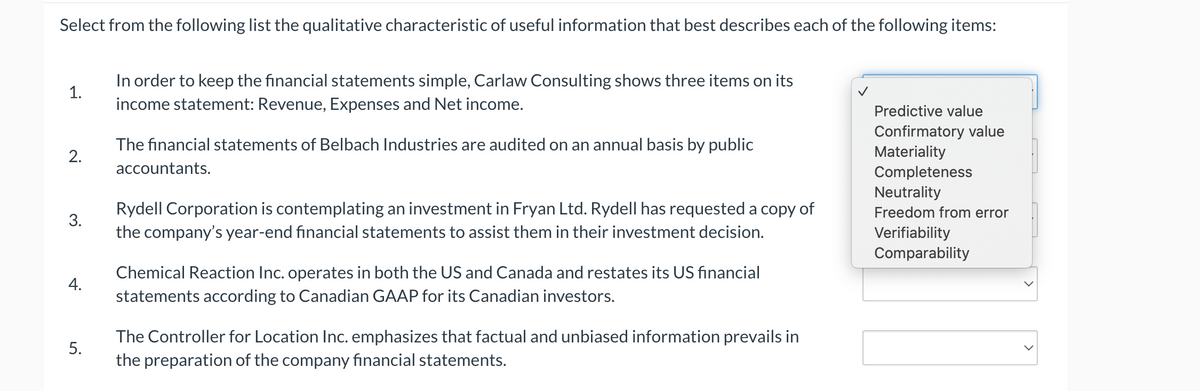 Select from the following list the qualitative characteristic of useful information that best describes each of the following items:
1.
2.
3.
4.
5.
In order to keep the financial statements simple, Carlaw Consulting shows three items on its
income statement: Revenue, Expenses and Net income.
The financial statements of Belbach Industries are audited on an annual basis by public
accountants.
Rydell Corporation is contemplating an investment in Fryan Ltd. Rydell has requested a copy of
the company's year-end financial statements to assist them in their investment decision.
Chemical Reaction Inc. operates in both the US and Canada and restates its US financial
statements according to Canadian GAAP for its Canadian investors.
The Controller for Location Inc. emphasizes that factual and unbiased information prevails in
the preparation of the company financial statements.
Predictive value
Confirmatory value
Materiality
Completeness
Neutrality
Freedom from error
Verifiability
Comparability
2