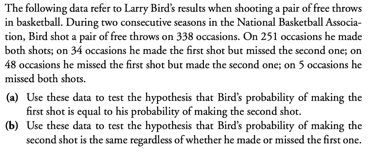 The following data refer to Larry Bird's results when shooting a pair of free throws
in basketball. During two consecutive seasons in the National Basketball Associa-
tion, Bird shot a pair of free throws on 338 occasions. On 251 occasions he made
both shots; on 34 occasions he made the first shot but missed the second one; on
48 occasions he missed the first shot but made the second one; on 5 occasions he
missed both shots.
(a) Use these data to test the hypothesis that Bird's probability of making the
first shot is equal to his probability of making the second shot.
(b) Use these data to test the hypothesis that Bird's probability of making the
second shot is the same regardless of whether he made or missed the first one.
