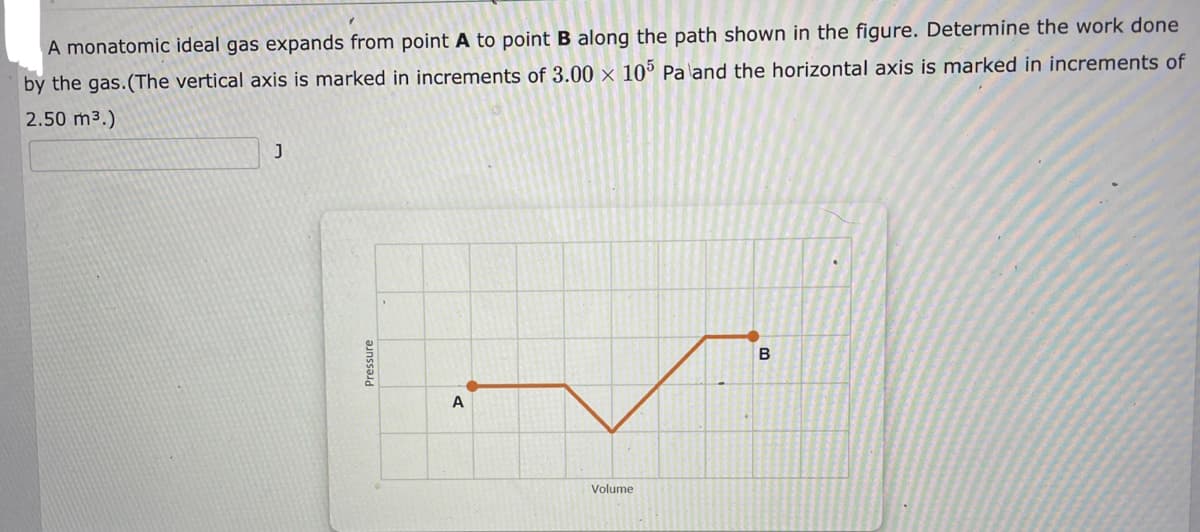 A monatomic ideal gas expands from point A to point B along the path shown in the figure. Determine the work done
by the gas.(The vertical axis is marked in increments of 3.00 × 10° Pa and the horizontal axis is marked in increments of
2.50 m3.)
J
B
A
Volume
Pressure
