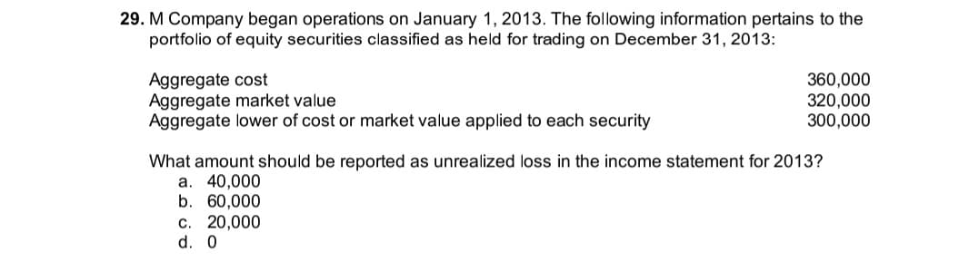 29. M Company began operations on January 1, 2013. The following information pertains to the
portfolio of equity securities classified as held for trading on December 31, 2013:
Aggregate cost
Aggregate market value
Aggregate lower of cost or market value applied to each security
360,000
320,000
300,000
What amount should be reported as unrealized loss in the income statement for 2013?
a. 40,000
b. 60,000
c. 20,000
d. 0
