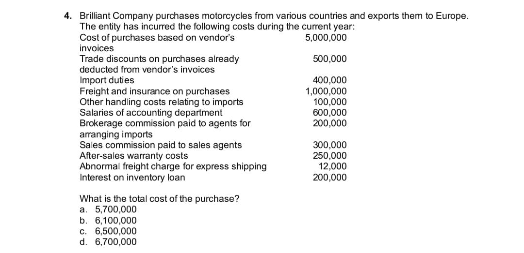 4. Brilliant Company purchases motorcycles from various countries and exports them to Europe.
The entity has incurred the following costs during the current year:
Cost of purchases based on vendor's
invoices
Trade discounts on purchases already
5,000,000
500,000
deducted from vendor's invoices
Import duties
Freight and insurance on purchases
Other handling costs relating to imports
Salaries of accounting department
Brokerage commission paid to agents for
arranging imports
Sales commission paid to sales agents
After-sales warranty costs
Abnormal freight charge for express shipping
Interest on inventory loan
400,000
1,000,000
100,000
600,000
200,000
300,000
250,000
12,000
200,000
What is the total cost of the purchase?
a. 5,700,000
b. 6,100,000
c. 6,500,000
d. 6,700,000
