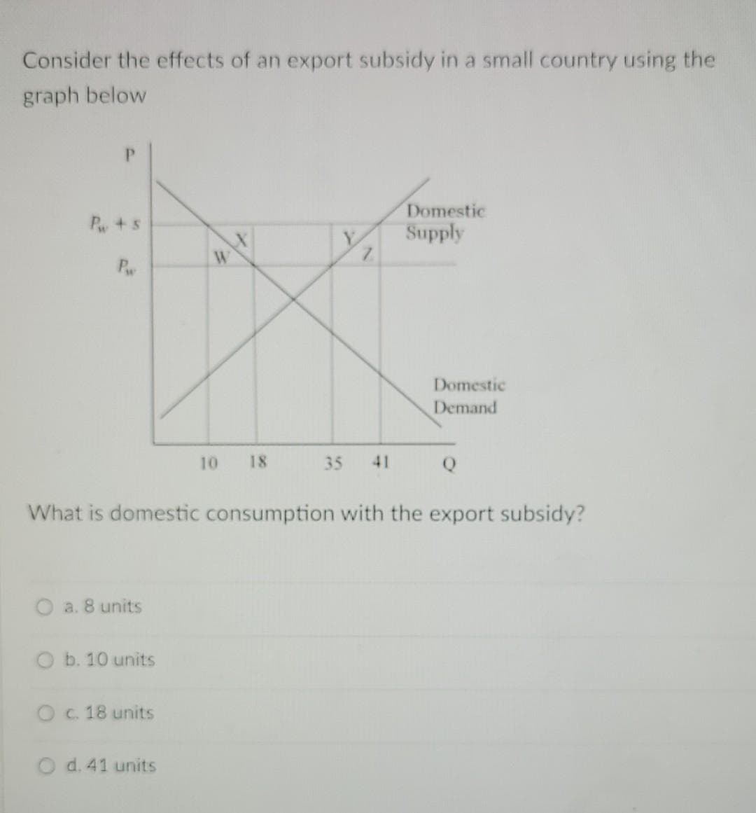 Consider the effects of an export subsidy in a small country using the
graph below
Domestic
Supply
7.
P+s
P
Domestic
Demand
10
18
35
41
Q
What is domestic consumption with the export subsidy?
O a. 8 units
O b. 10 units
Oc. 18 units
O d. 41 units
