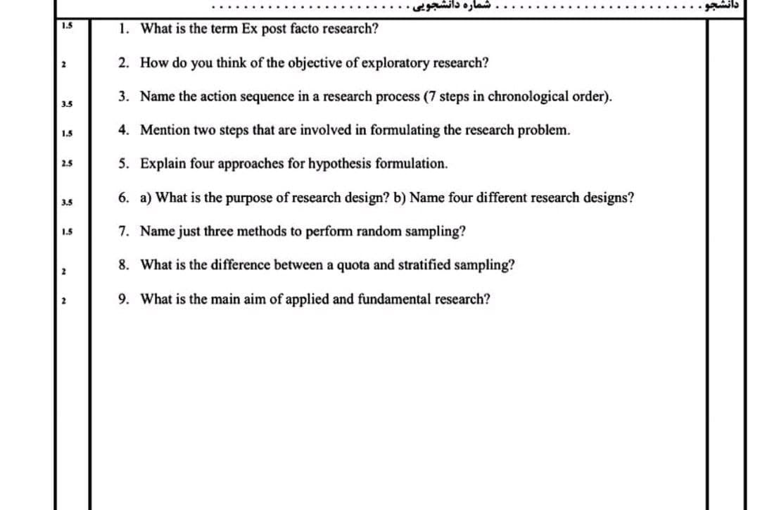 . شماره دانشجوی ی
1. What is the term Ex post facto research?
1.5
2
2. How do you think of the objective of exploratory research?
3. Name the action sequence in a research process (7 steps in chronological order).
3.5
4. Mention two steps that are involved in formulating the research problem.
1.5
5. Explain four approaches for hypothesis formulation.
2.5
6. a) What is the purpose of research design? b) Name four different research designs?
3.5
7. Name just three methods to perform random sampling?
1.5
8. What is the difference between a quota and stratified sampling?
9. What is the main aim of applied and fundamental research?
